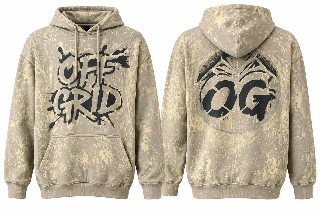 Unisex OFF GRID Latte off grid hoodie featuring a pullover design with front pocket and hood, casual and comfortable fit.