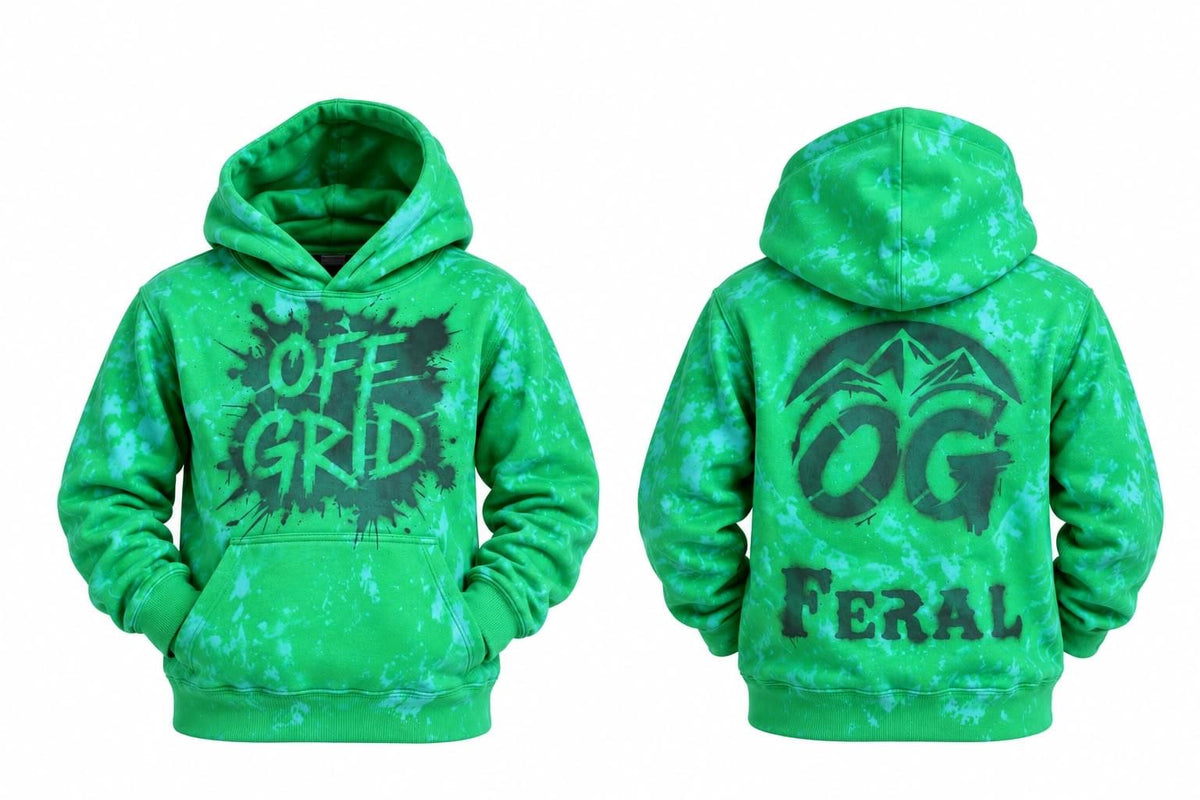 Kids lime green Off Grid Feral Edition pullover hoodie with front pocket and hood, featuring a vibrant and comfortable design.