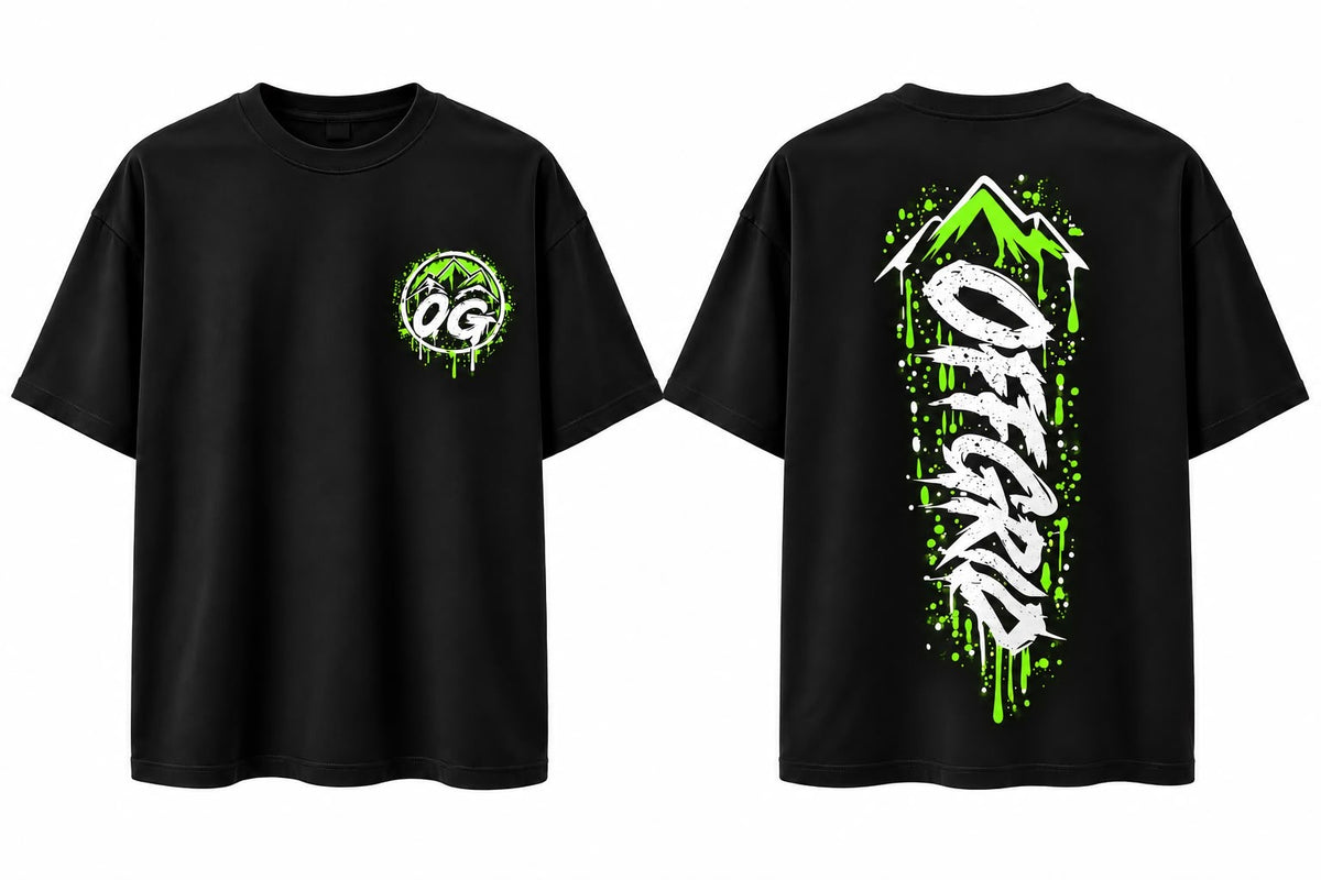Black OFF GRID off grid T-shirt OG with logo graphic, casual fit, and soft cotton fabric, displayed flat on a white background.