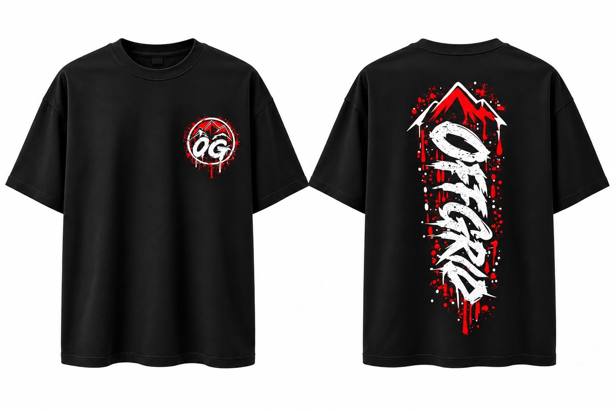 Black OFF GRID off grid t-shirt OG with classic fit and logo design, displayed flat on a neutral background.