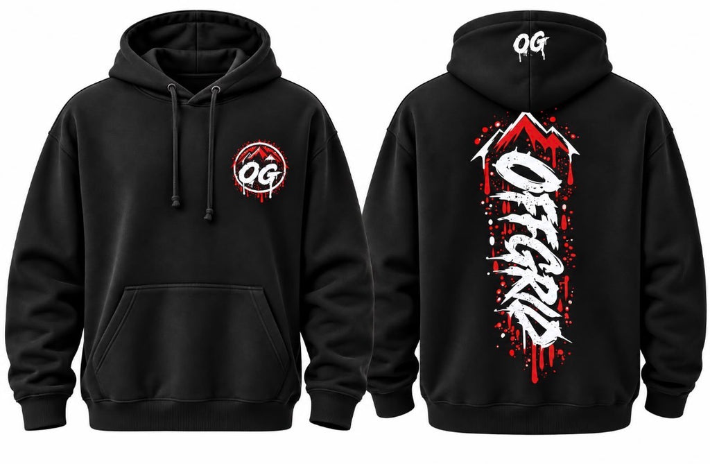 Black OFF GRID OG unisex hoodie with front pocket and drawstrings, casual and comfortable for everyday wear.