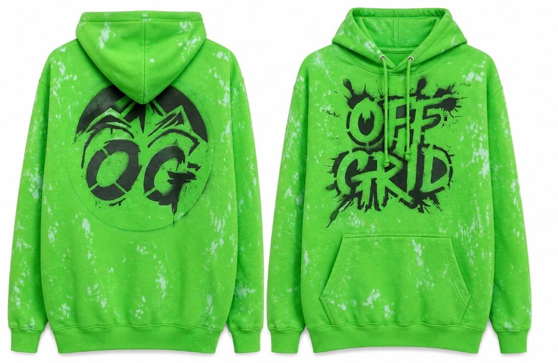 Unisex lime green OFF GRID hoodie with classic fit, pull-over style, shown on a model with front view.
