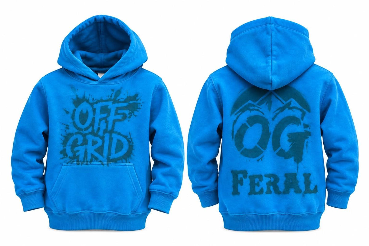 Blue kids hoodie from OFF GRID Feral Edition with a pullover design, featuring a comfortable fit and casual style.