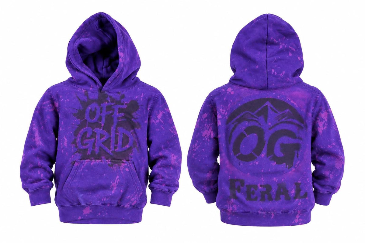Kids purple OFF GRID hoodie with a cozy hood, featuring a casual design and soft fabric for comfortable wear.