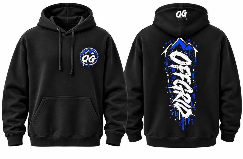 Black OFF GRID unisex hoodie with off grid OG design, featuring a comfortable fit and casual style, shown on a hanger.