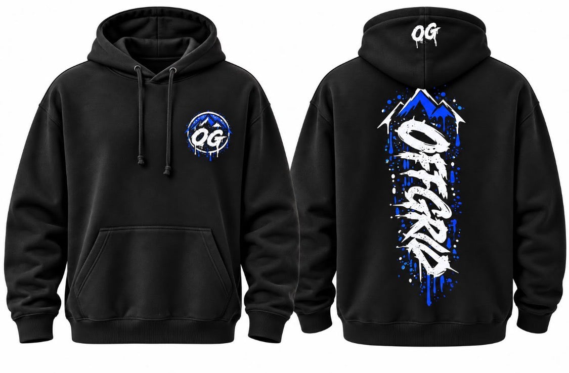 Black OFF GRID unisex hoodie with off grid OG design, featuring a comfortable fit and casual style, shown on a hanger.