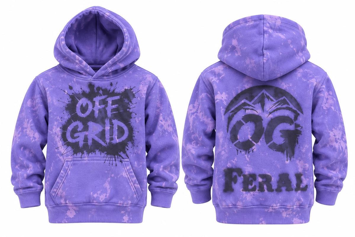 Kids violet OFF GRID Feral Edition pullover hoodie with playful design, perfect for casual wear and outdoor activities.