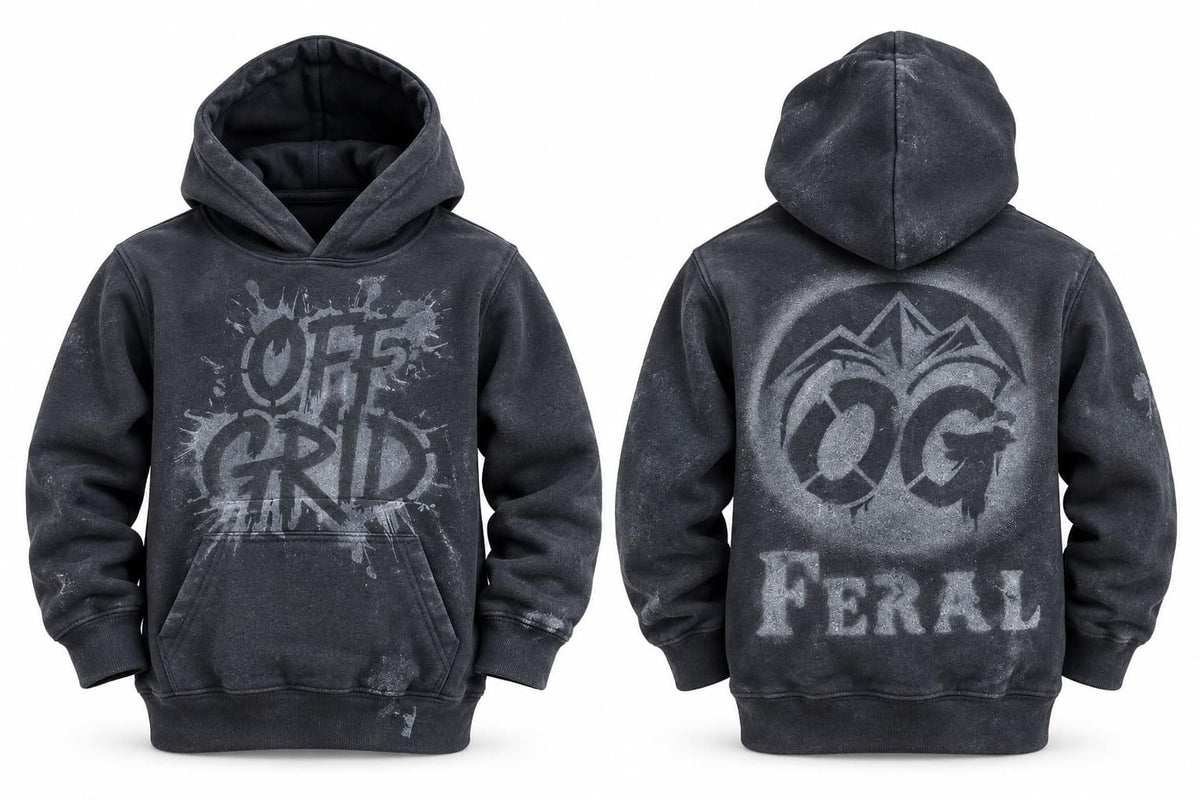Kids charcoal gray offgrid Feral hoodie with front pocket and hood, made by OFF GRID, casual and comfortable for children.