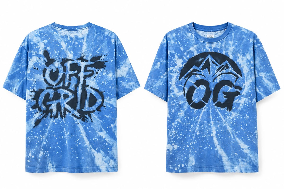Ice blue off grid tie dye T-shirt featuring a casual fit and vibrant pattern, perfect for a relaxed, stylish look.