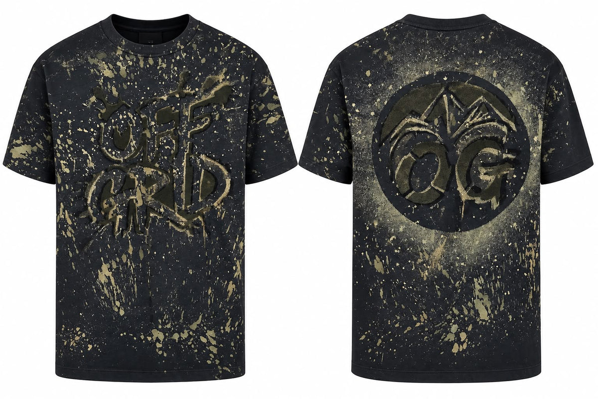Off Grid charcoal T-shirt with off-grid graphic design, casual fit, and soft cotton fabric, displayed on a plain background.