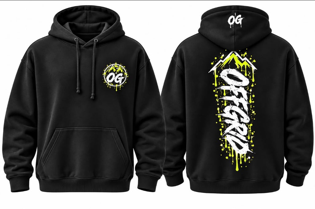 Black OFF GRID unisex hoodie with off-grid OG design, soft fabric, and comfortable fit, shown on a model.
