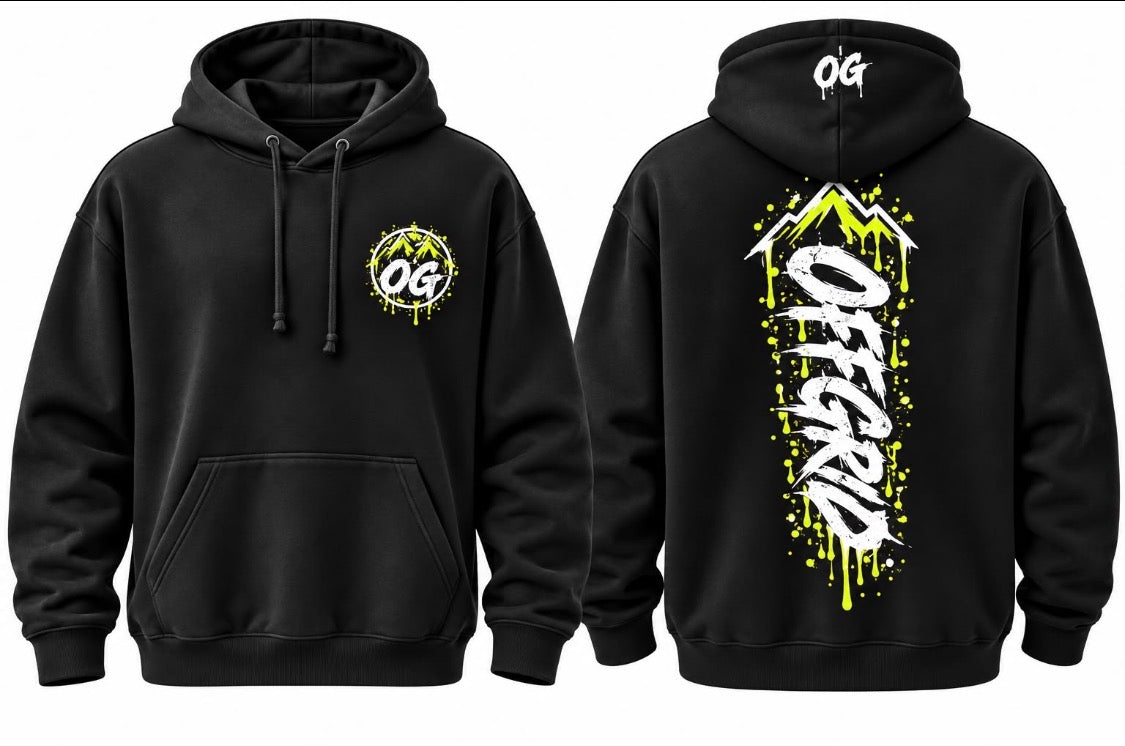 Black OFF GRID unisex hoodie with off-grid OG design, soft fabric, and comfortable fit, shown on a model.