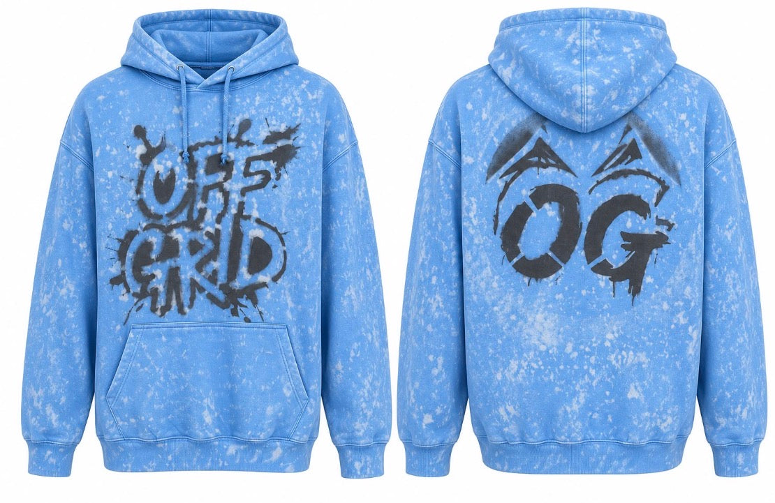 Off Grid Ice Blue Hoodie with front pocket and drawstring hood, casual style, soft fabric, and relaxed fit.