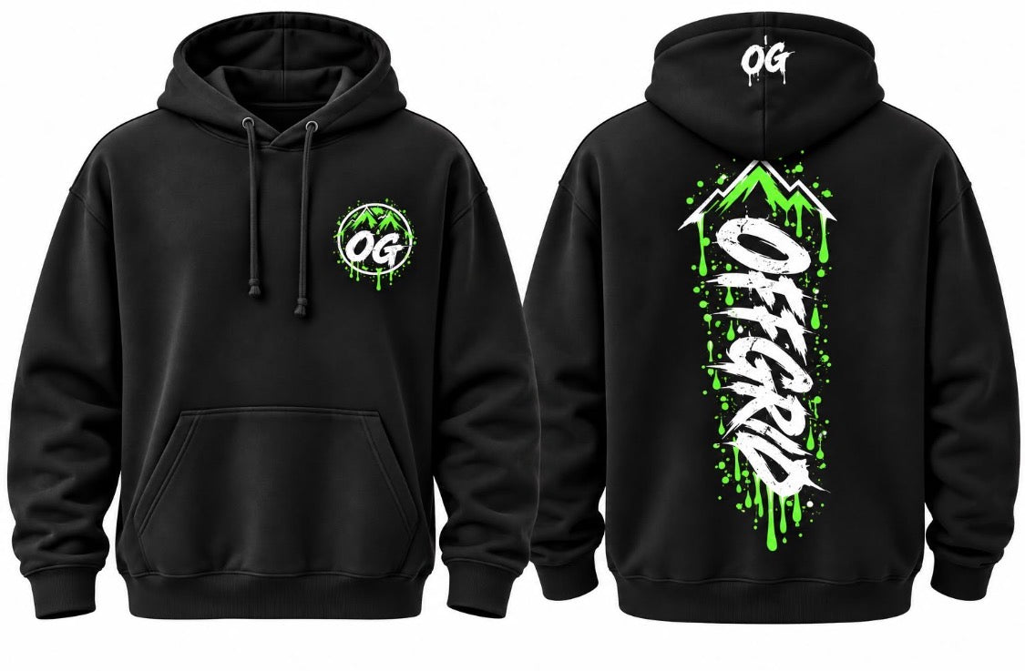 Black OFF GRID unisex hoodie with off grid OG logo, showcasing a cozy, casual fit and soft fabric.